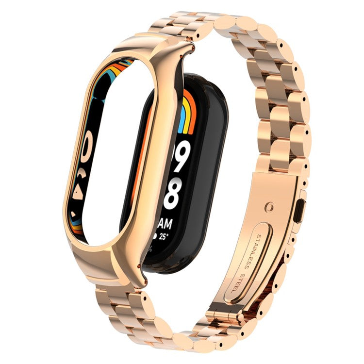 For Xiaomi Smart Band 8 Metal Watch Band 3-Bead Strap Replacement with Watch Case - Rose Gold