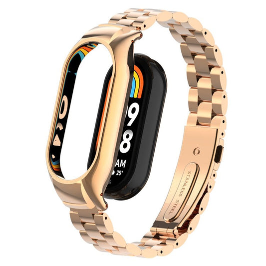 For Xiaomi Smart Band 8 Metal Watch Band 3-Bead Strap Replacement with Watch Case - Rose Gold