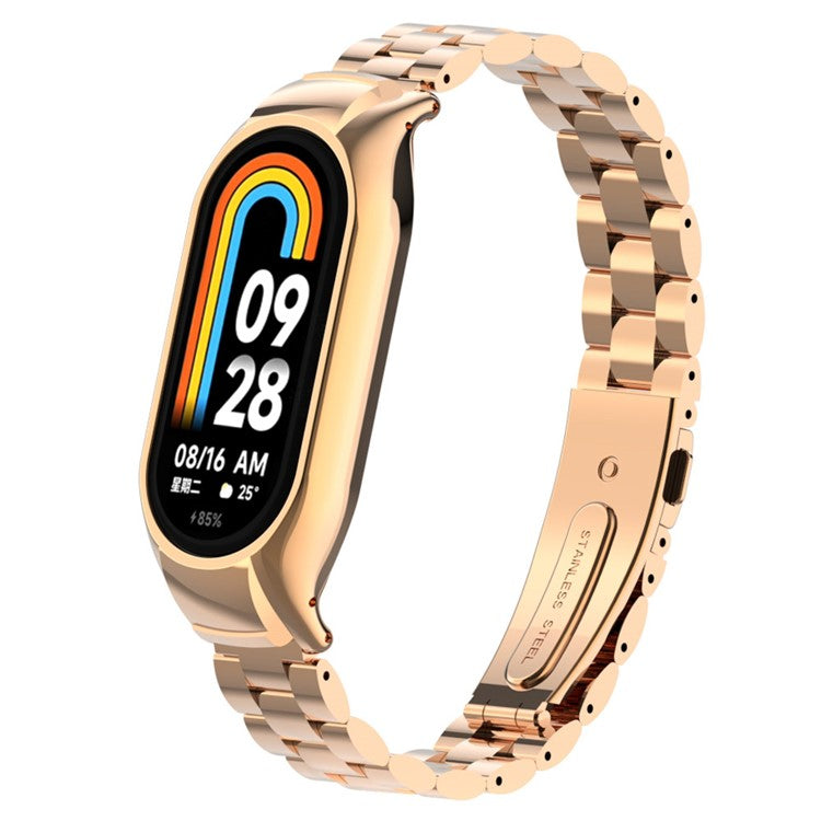 For Xiaomi Smart Band 8 Metal Watch Band 3-Bead Strap Replacement with Watch Case - Rose Gold