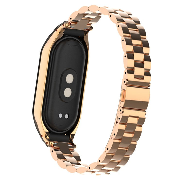 For Xiaomi Smart Band 8 Metal Watch Band 3-Bead Strap Replacement with Watch Case - Rose Gold