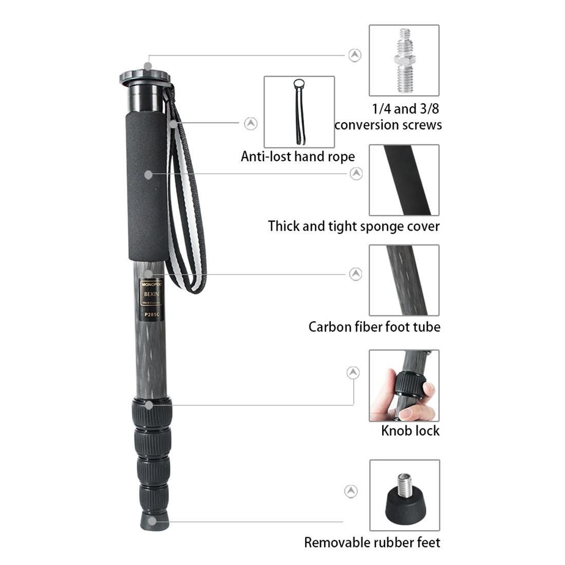 BEXIN P285-C Portable Travel Outdoor DSLR Camera Carbon Fiber Monopod Holder (Black)