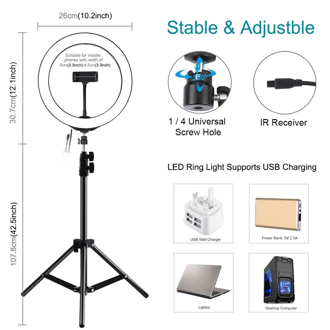 PULUZ 1.1m Tripod Mount + 10 inch 26cm RGBW LED Ring Vlogging Video Light  Live Broadcast Kits with Remote Control & Cold Shoe Tripod Ball Head & Phone Clamp (Black)