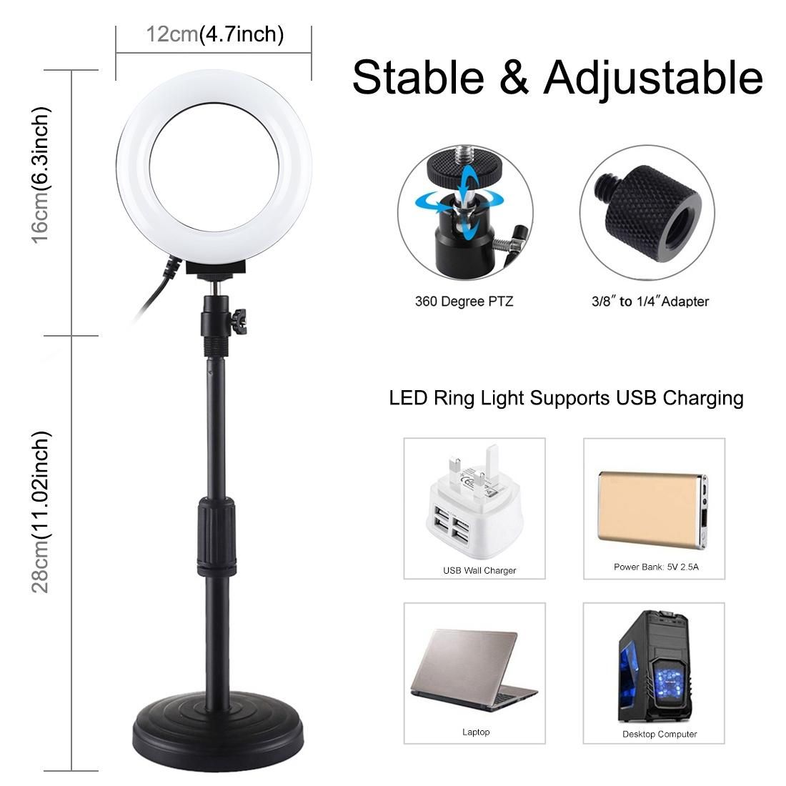 PULUZ Round Base Desktop Mount + 4.7 inch 12cm 3 Modes USB Dimmable LED Ring Vlogging Video Light, Adjustable Height: 18cm-28cm