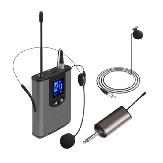 Wireless Headset Microphone System Lavalier Lapel Mic with Transmitter and Mini Rechargeable Receiver for Cameras Smartphones Laptops - Grey