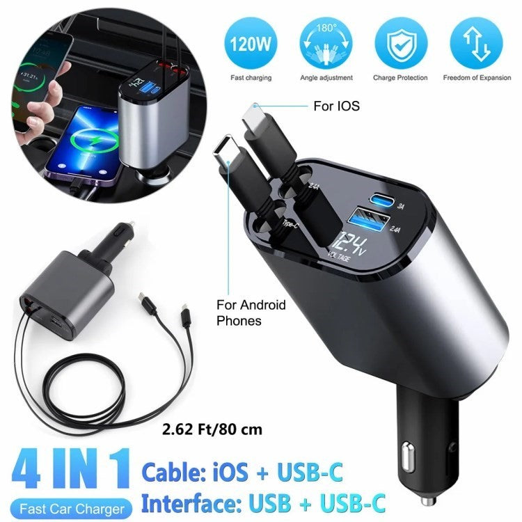 USB+Type-C Dual Port Fast Charging Cigarette Lighter Car Charger with Retractable Cable - Ip+Type-C