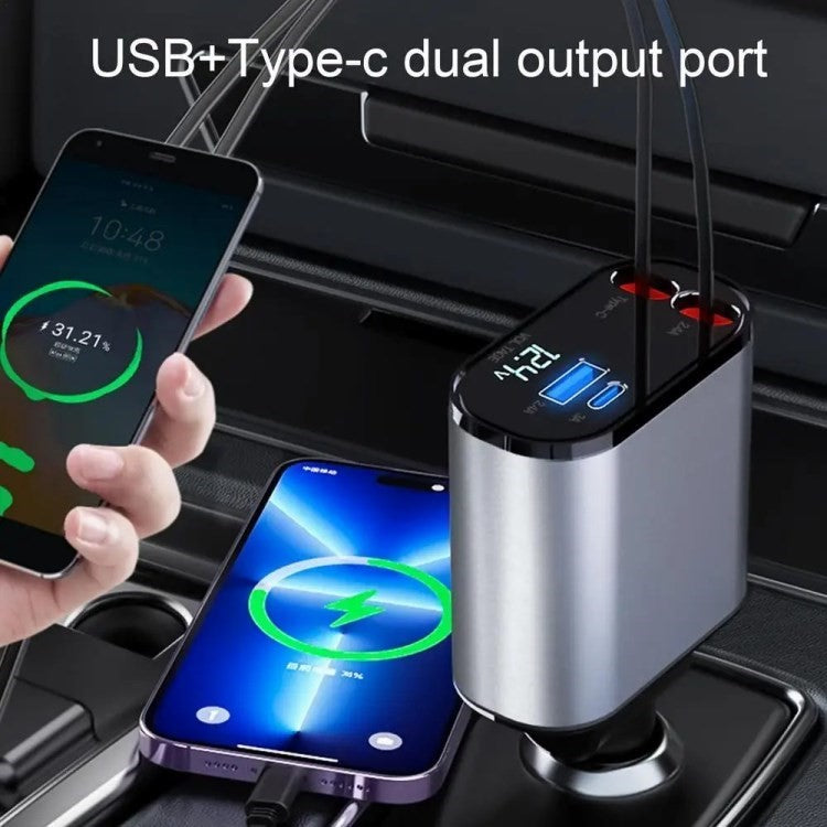 USB+Type-C Dual Port Fast Charging Cigarette Lighter Car Charger with Retractable Cable - Ip+Type-C
