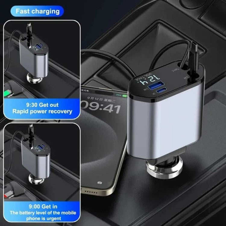 USB+Type-C Dual Port Fast Charging Cigarette Lighter Car Charger with Retractable Cable - Ip+Type-C