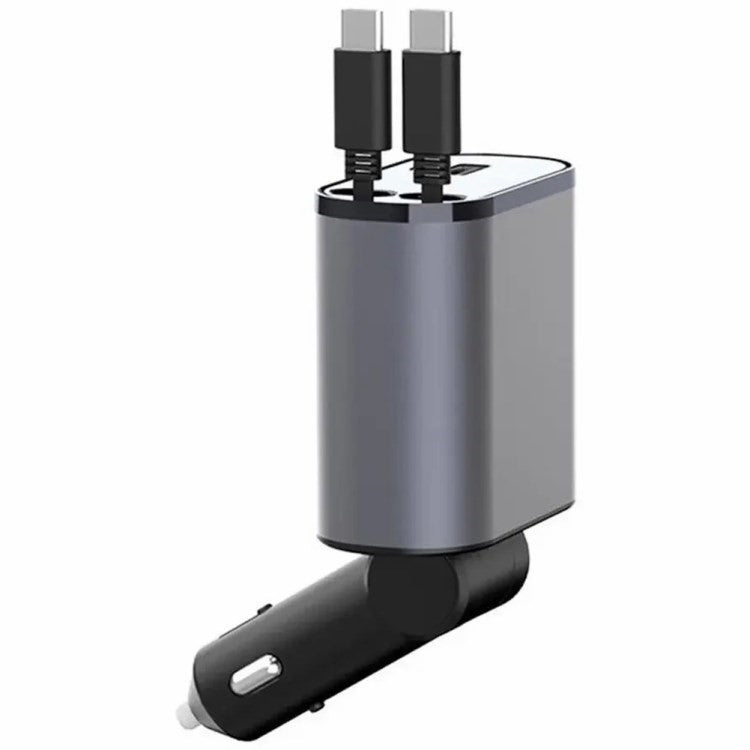 USB+Type-C Dual Port Fast Charging Cigarette Lighter Car Charger with Retractable Cable - Type-C+Type-C