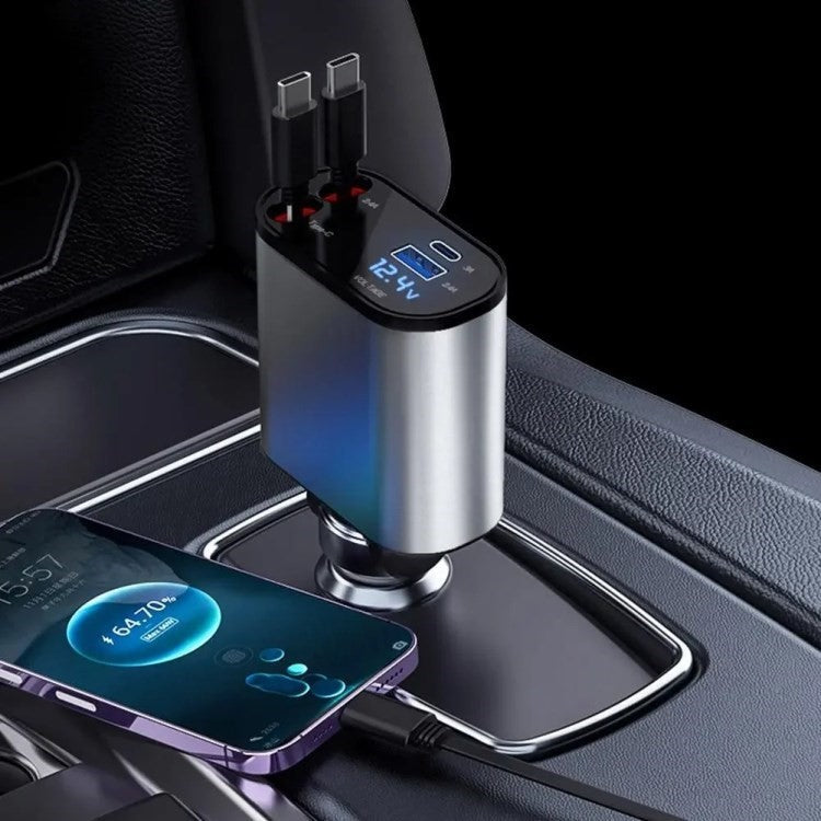 USB+Type-C Dual Port Fast Charging Cigarette Lighter Car Charger with Retractable Cable - Type-C+Type-C