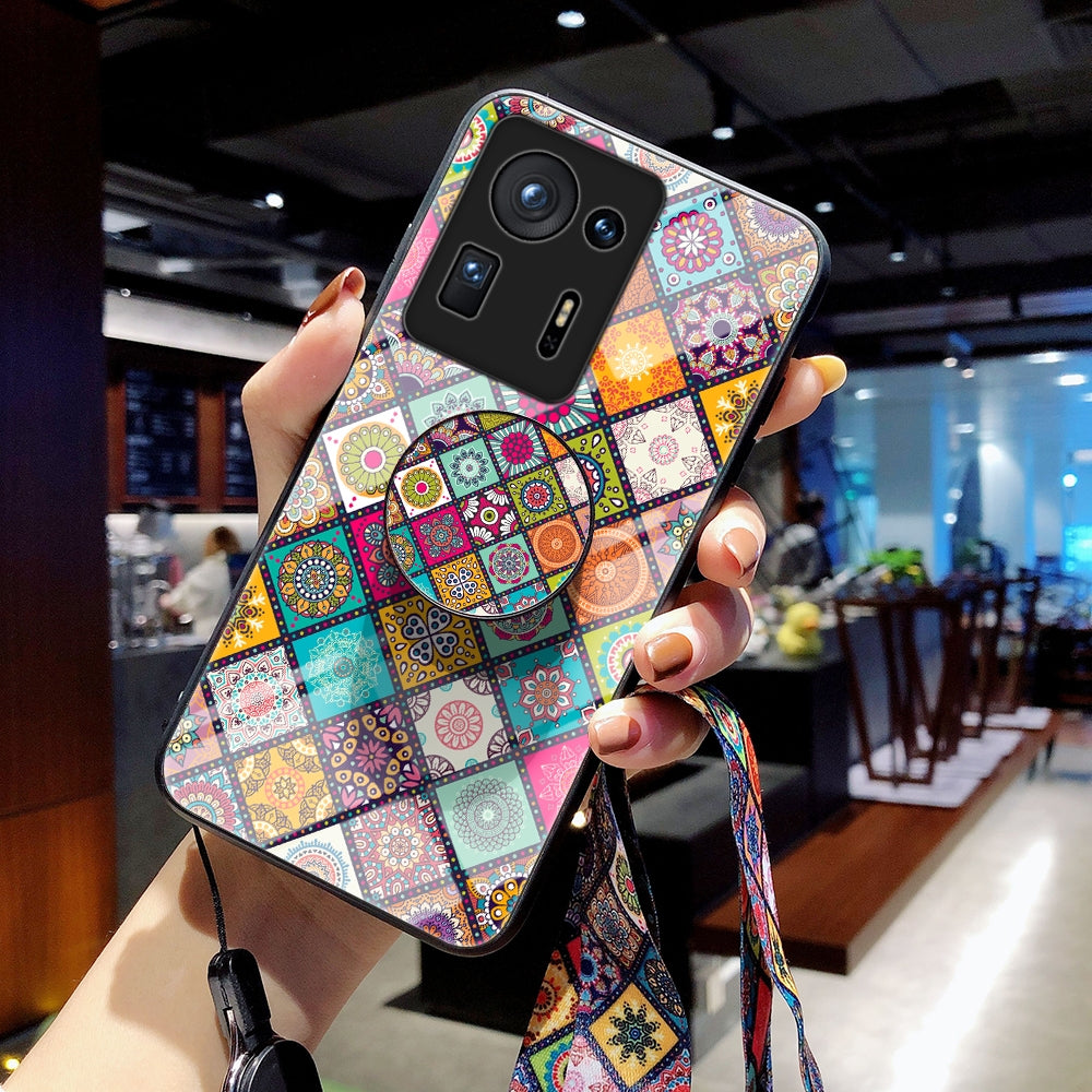 For Xiaomi Mi Mix 4 Painted Ethnic Pattern Tempered Glass TPU Shockproof Case with Folding Magnetic Holder & Neck Strap(Checkered)