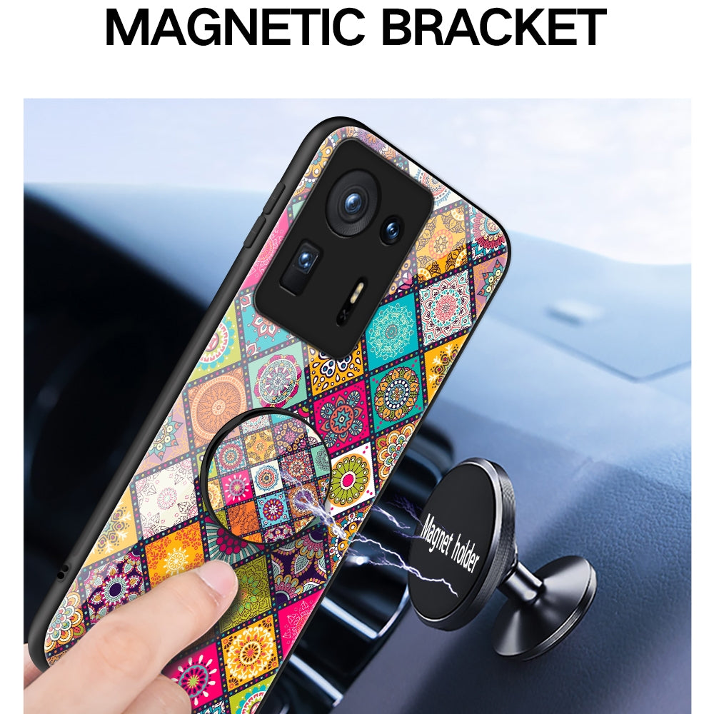 For Xiaomi Mi Mix 4 Painted Ethnic Pattern Tempered Glass TPU Shockproof Case with Folding Magnetic Holder & Neck Strap(Checkered)