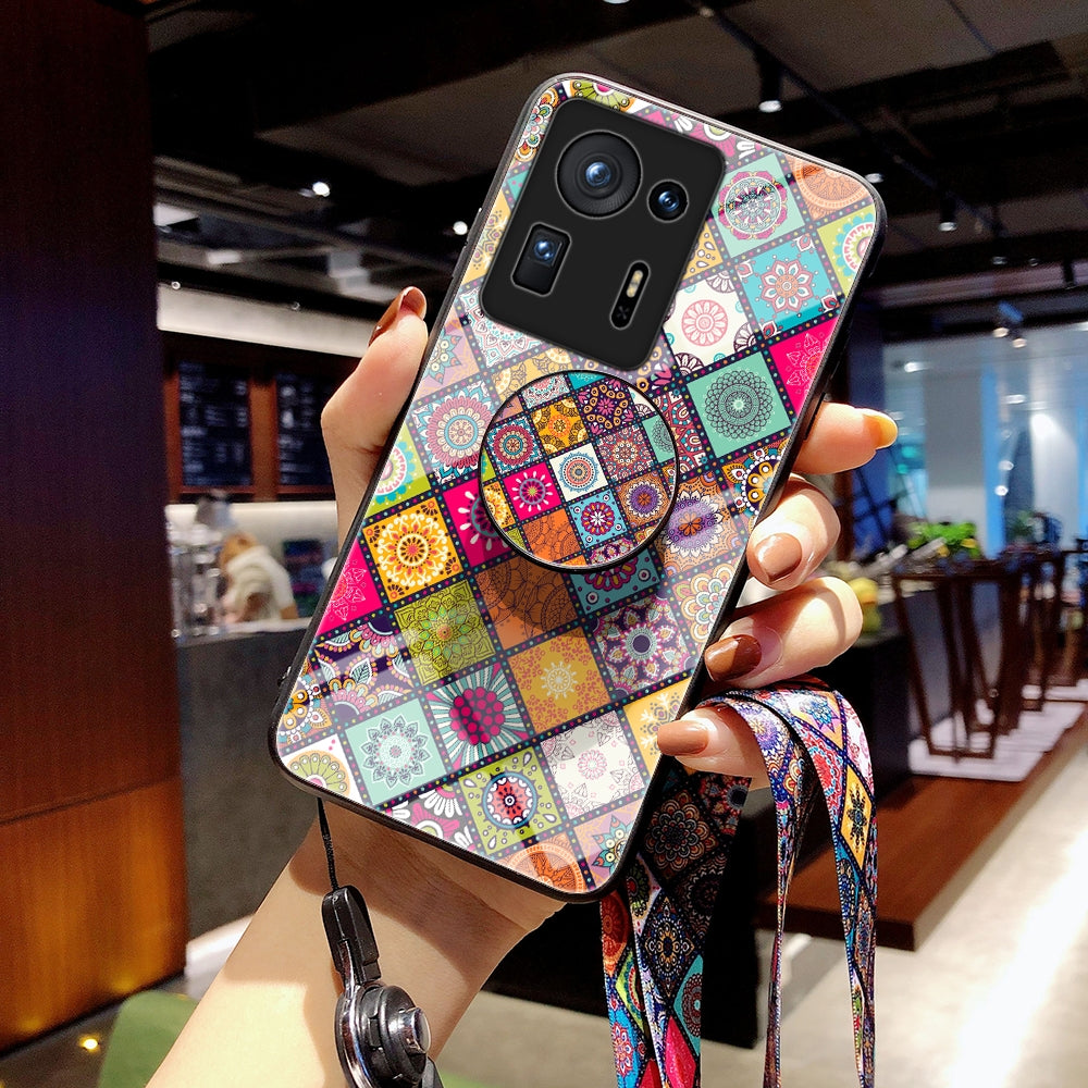 For Xiaomi Mi Mix 4 Painted Ethnic Pattern Tempered Glass TPU Shockproof Case with Folding Magnetic Holder & Neck Strap(Colorful)