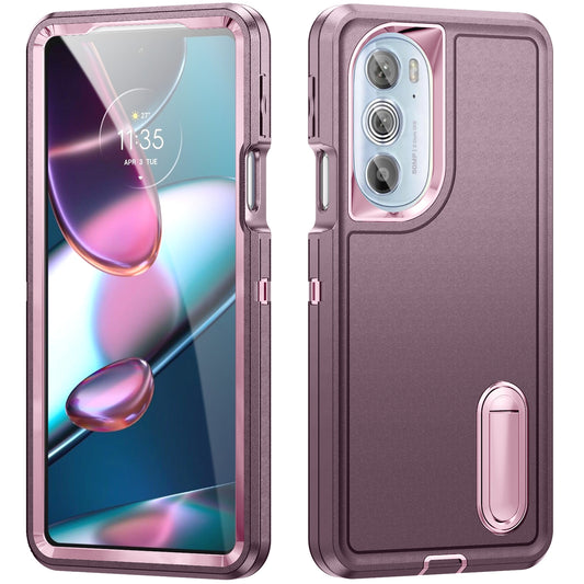 For Motorola Edge 30 Pro 3 in 1 Rugged Holder Phone Case(Purple + Pink)