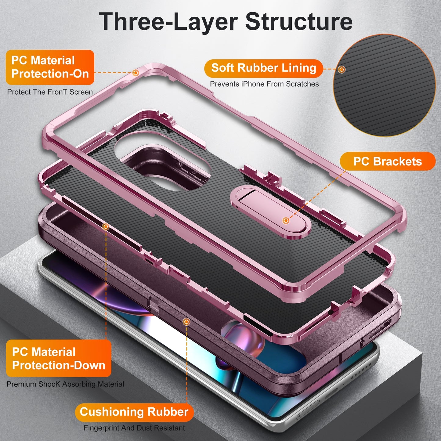 For Motorola Edge 30 Pro 3 in 1 Rugged Holder Phone Case(Purple + Pink)