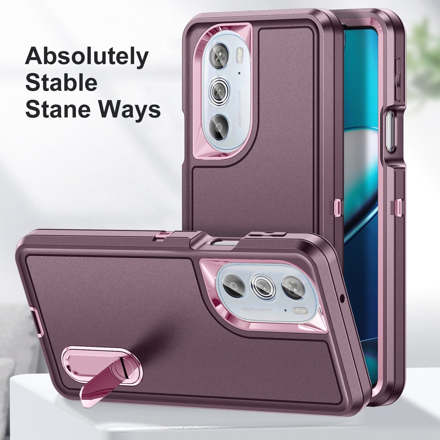For Motorola Edge 30 Pro 3 in 1 Rugged Holder Phone Case(Purple + Pink)