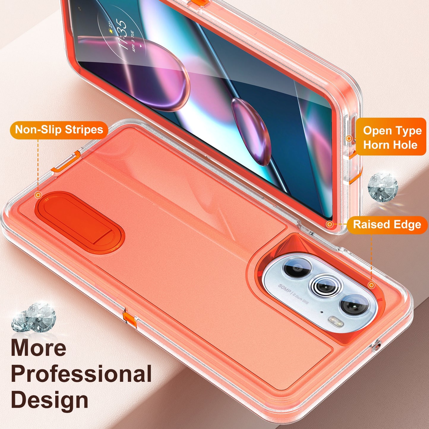 For Motorola Edge 30 Pro 3 in 1 Rugged Holder Phone Case(Transparent + Orange)