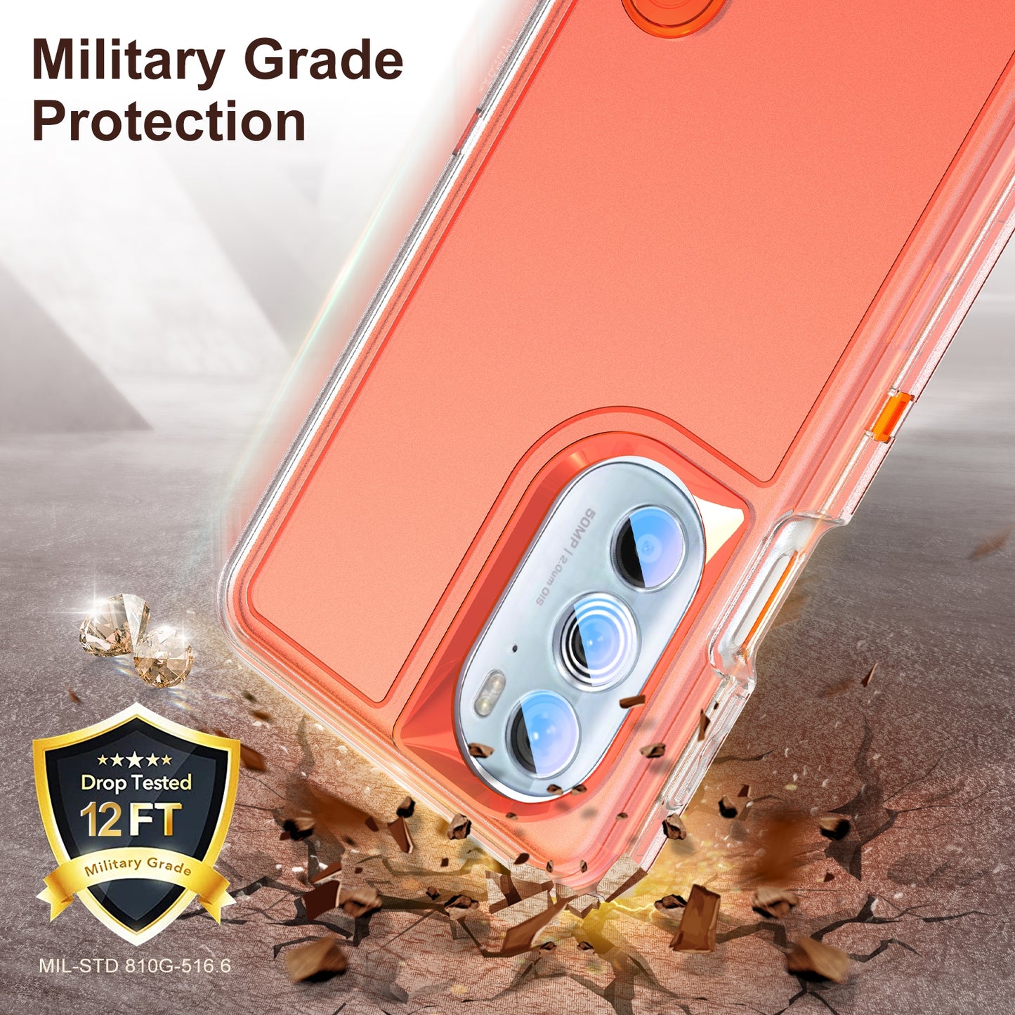 For Motorola Edge 30 Pro 3 in 1 Rugged Holder Phone Case(Transparent + Orange)