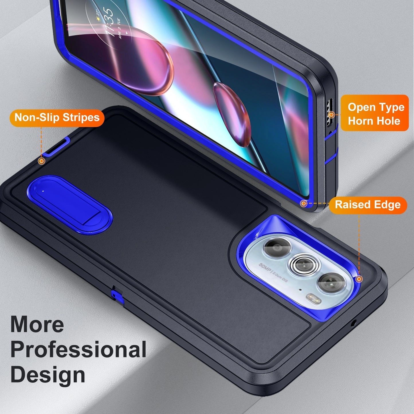 For Motorola Edge 30 Pro 3 in 1 Rugged Holder Phone Case(Dark Blue+Sapphire Blue)