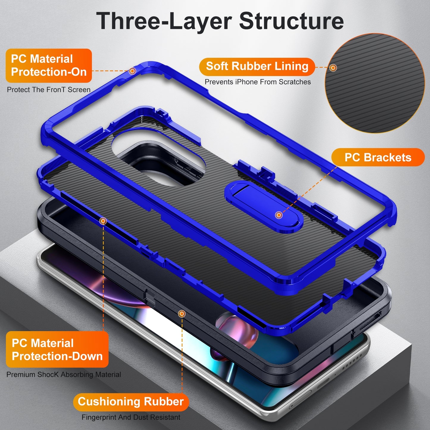 For Motorola Edge 30 Pro 3 in 1 Rugged Holder Phone Case(Dark Blue+Sapphire Blue)