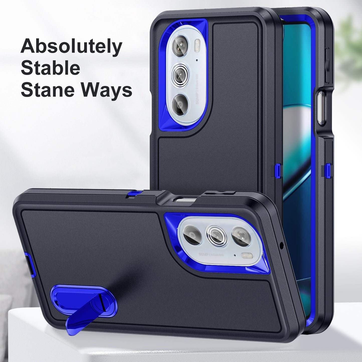 For Motorola Edge 30 Pro 3 in 1 Rugged Holder Phone Case(Dark Blue+Sapphire Blue)