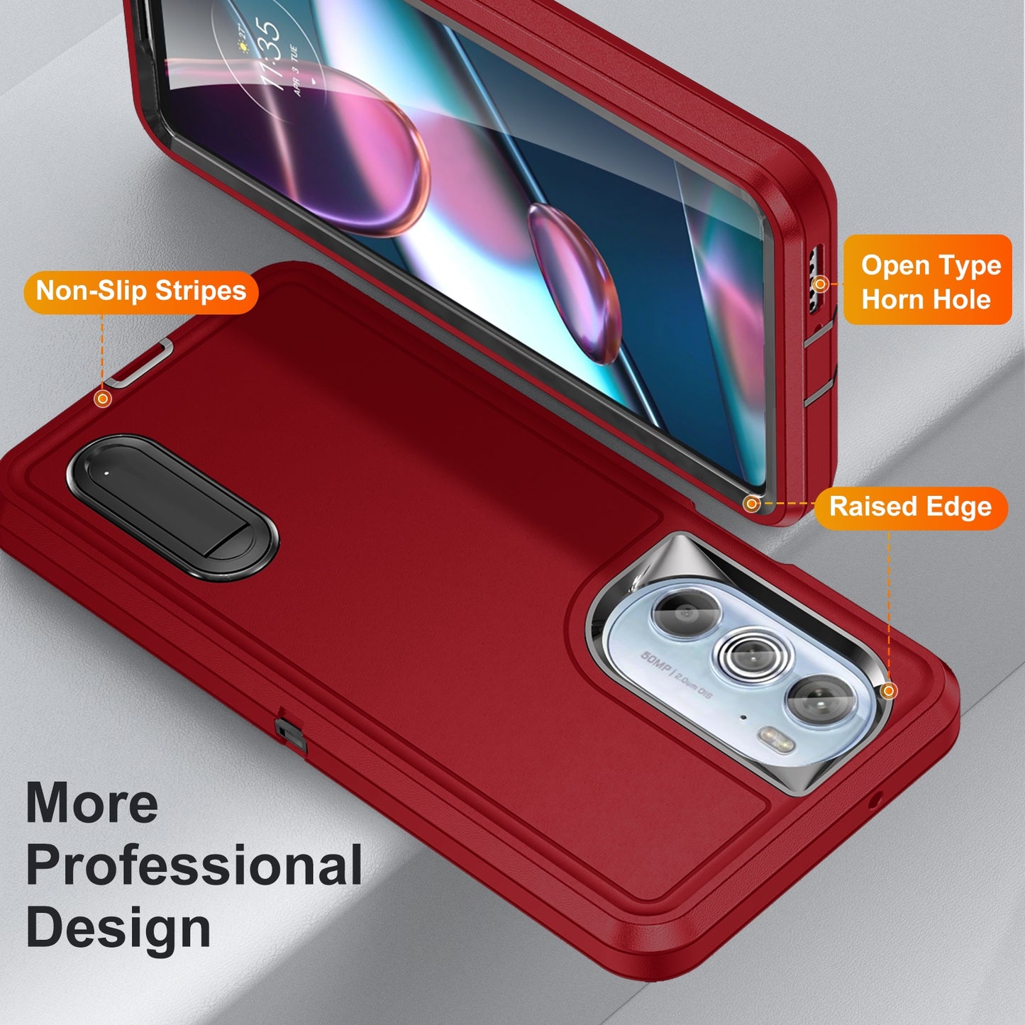 For Motorola Edge 30 Pro 3 in 1 Rugged Holder Phone Case(Red + Black)