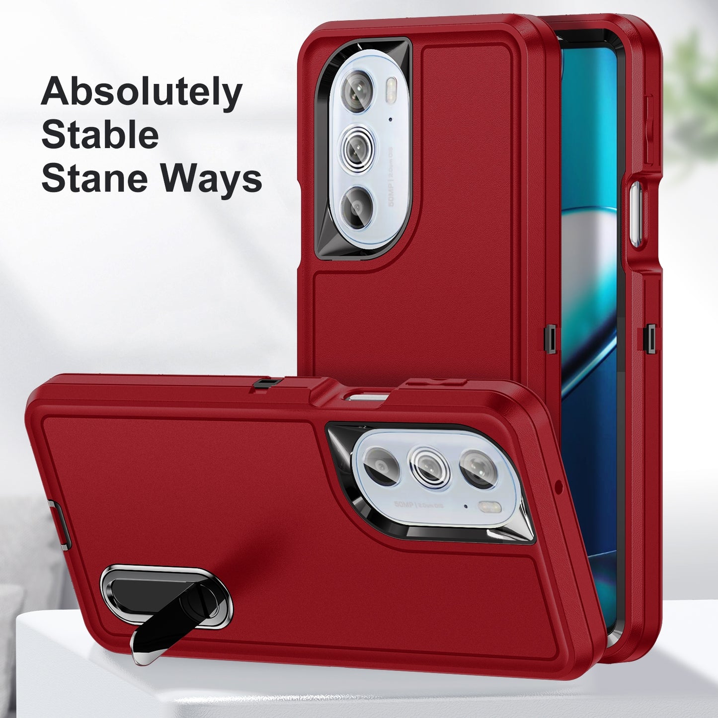 For Motorola Edge 30 Pro 3 in 1 Rugged Holder Phone Case(Red + Black)