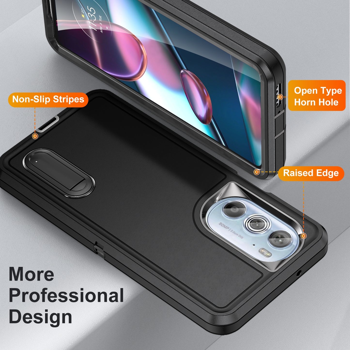 For Motorola Edge 30 Pro 3 in 1 Rugged Holder Phone Case(Black + Black)