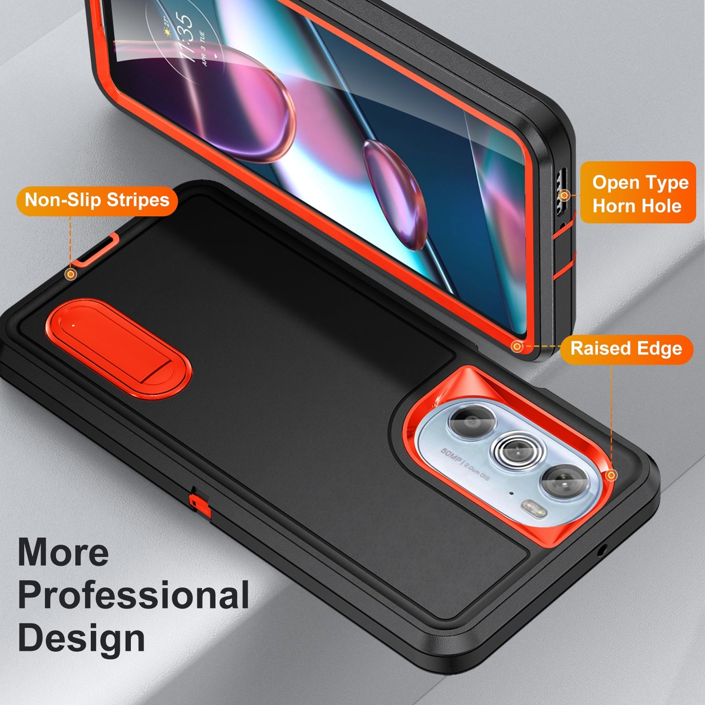 For Motorola Edge 30 Pro 3 in 1 Rugged Holder Phone Case(Black + Orange)
