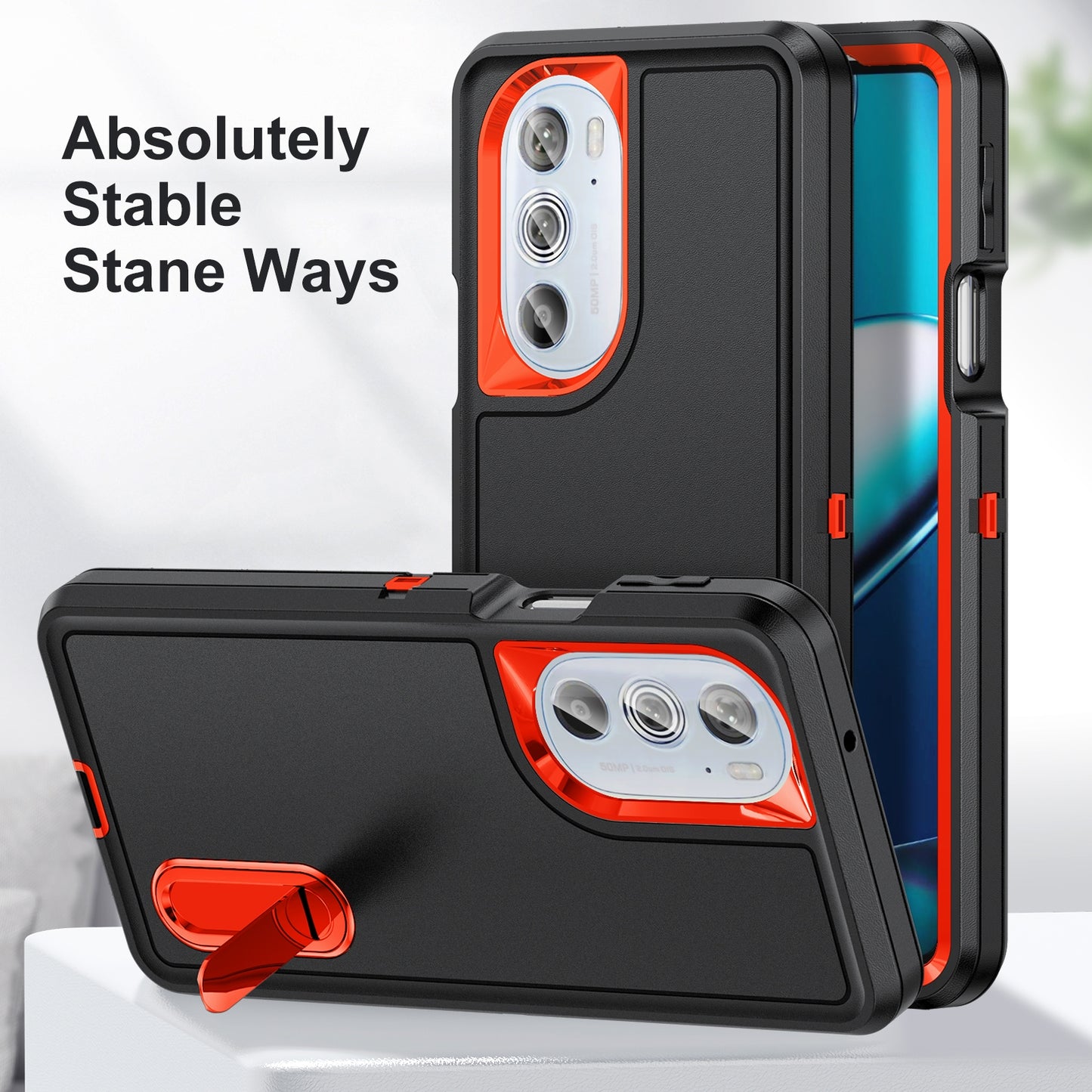 For Motorola Edge 30 Pro 3 in 1 Rugged Holder Phone Case(Black + Orange)