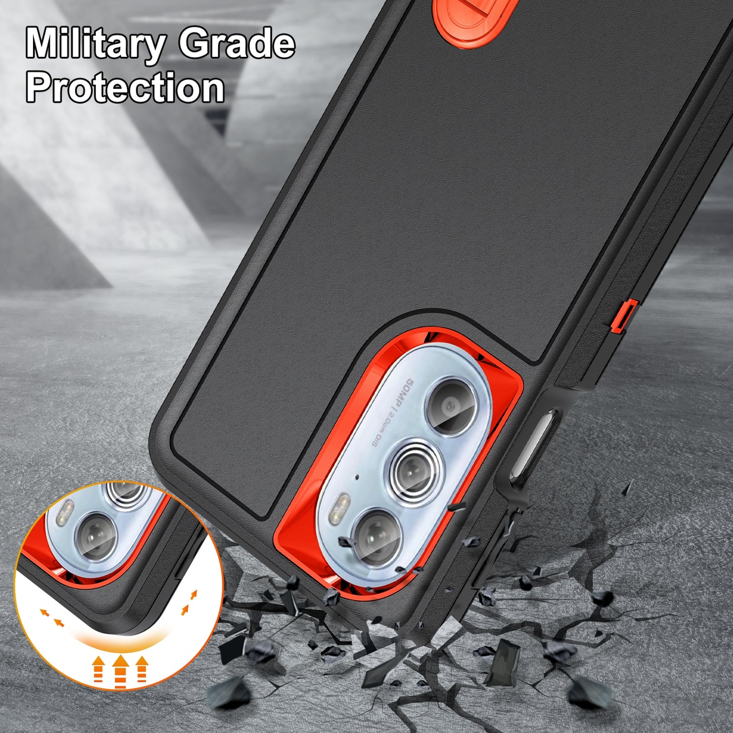 For Motorola Edge 30 Pro 3 in 1 Rugged Holder Phone Case(Black + Orange)