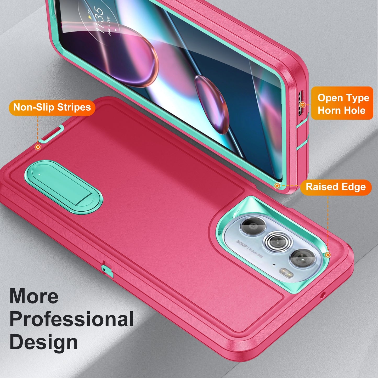 For Motorola Edge 30 Pro 3 in 1 Rugged Holder Phone Case(Pink + Blue)