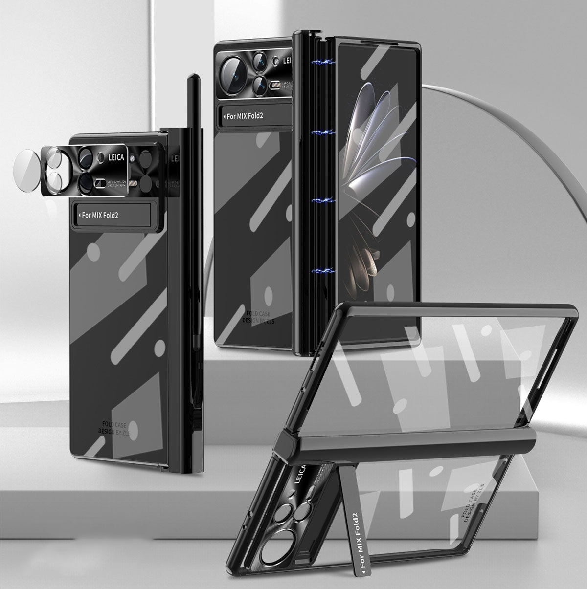For Xiaomi Mix Fold 2 Magnetic Hinges Plating Phone Case with Holder(Black)