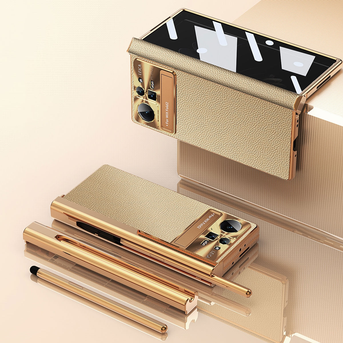 For Xiaomi Mix Fold 2 Plain Leather Double Hinged Folding Phone Case with Stylus(Gold+Gold)