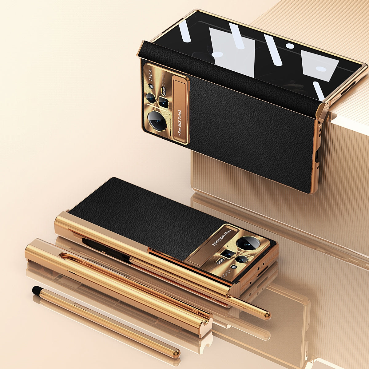 For Xiaomi Mix Fold 2 Plain Leather Double Hinged Folding Phone Case with Stylus(Gold+Black)