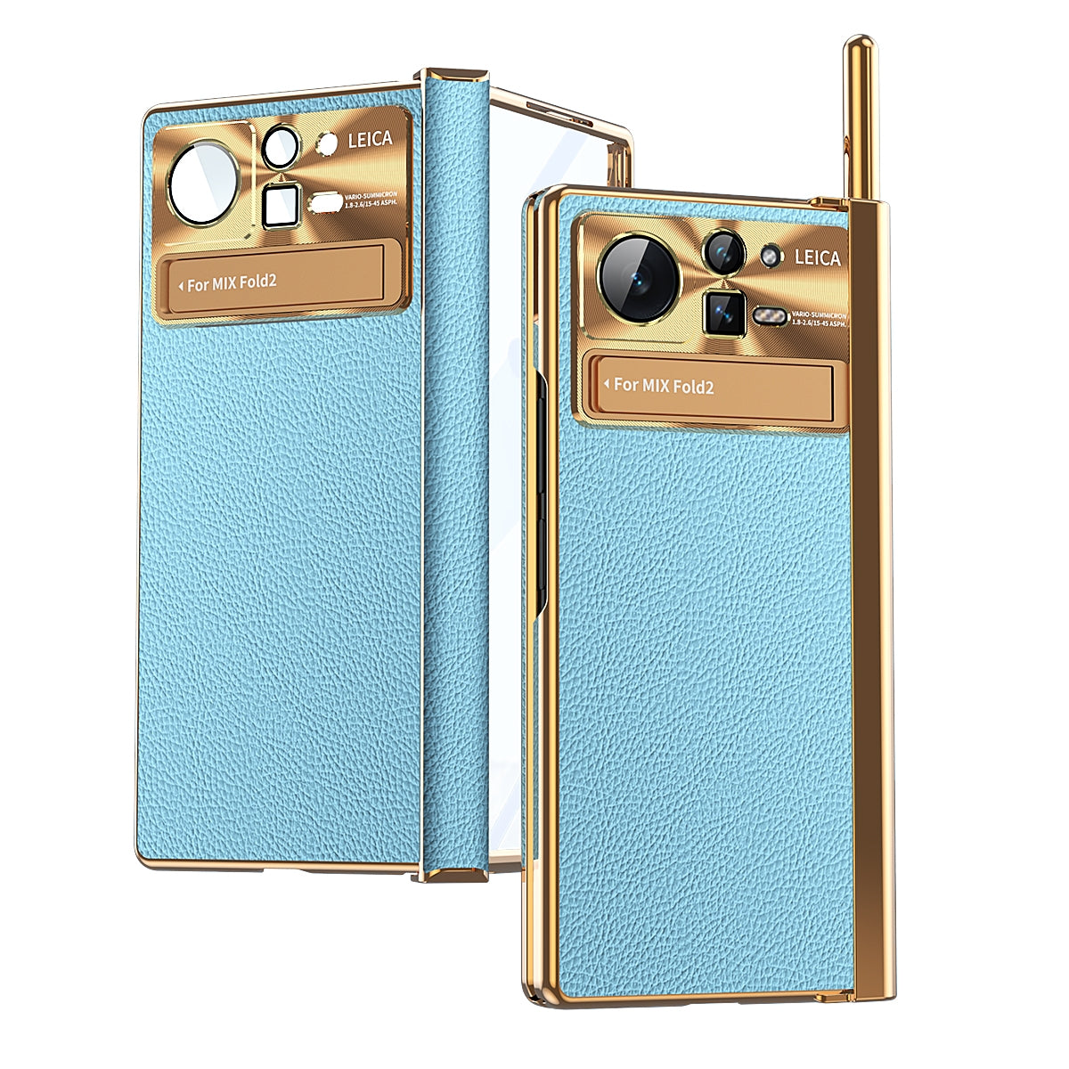 For Xiaomi Mix Fold 2 Plain Leather Double Hinged Folding Phone Case with Stylus(Gold+Blue)