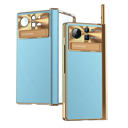 For Xiaomi Mix Fold 2 Plain Leather Double Hinged Folding Phone Case with Stylus(Gold+Blue)