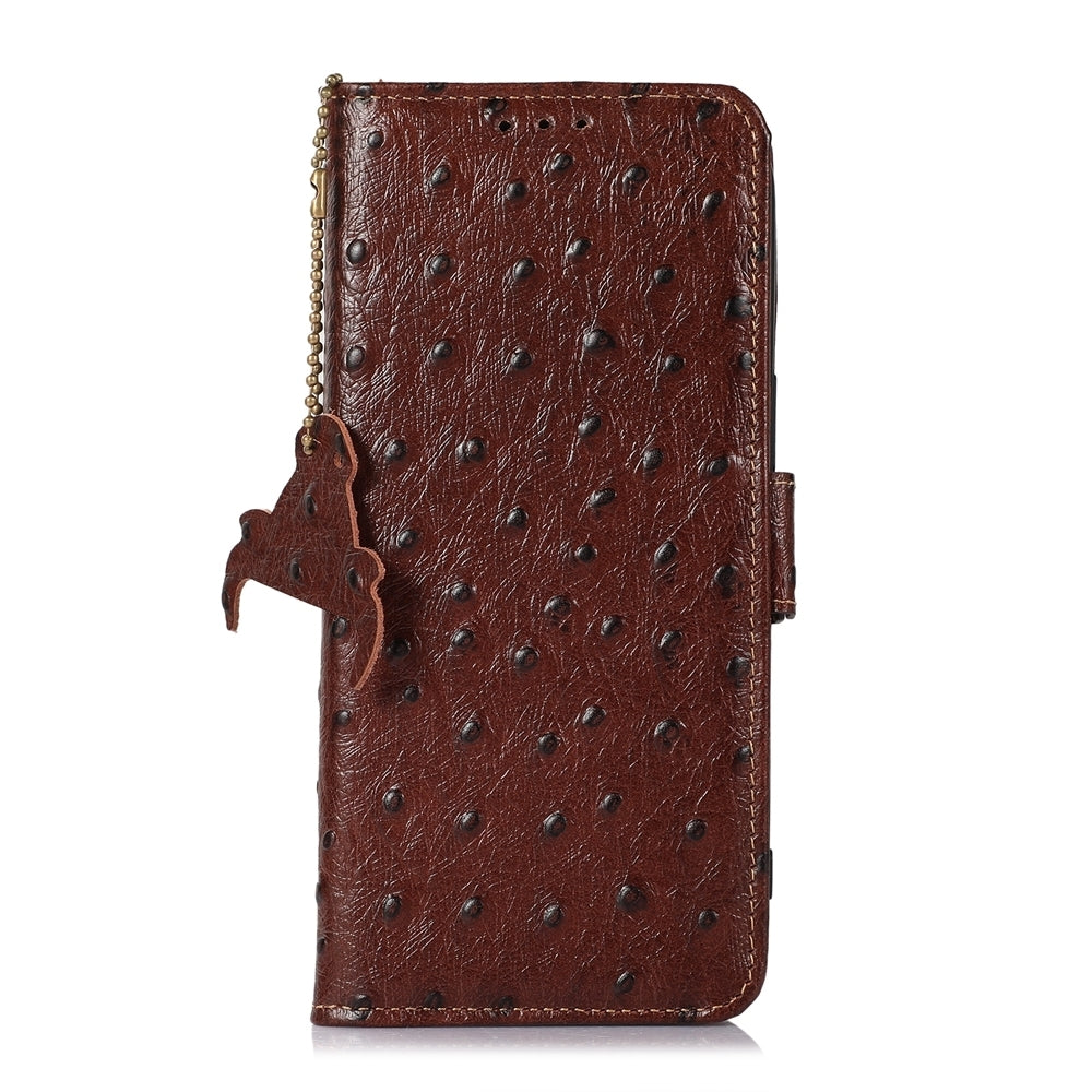 For iPhone 16e Ostrich Pattern Genuine Leather RFID Phone Case(Coffee)