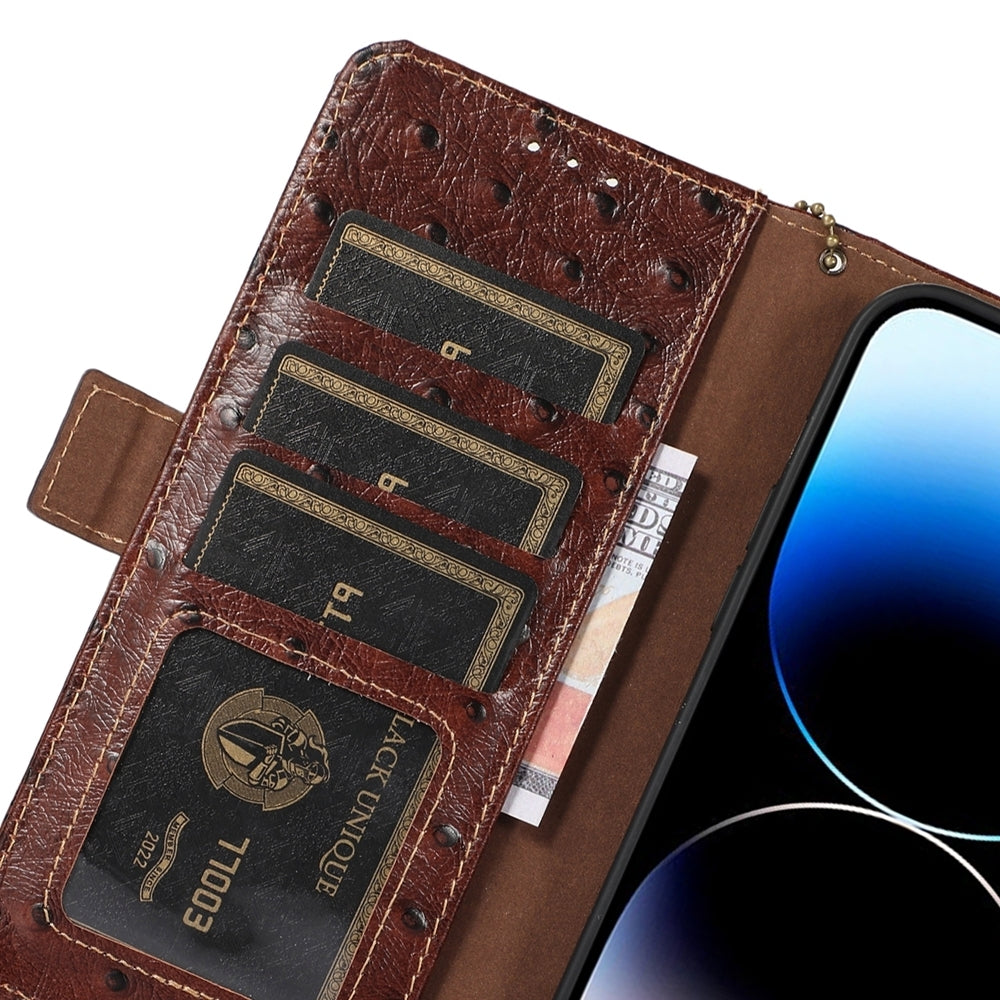 For iPhone 16e Ostrich Pattern Genuine Leather RFID Phone Case(Coffee)