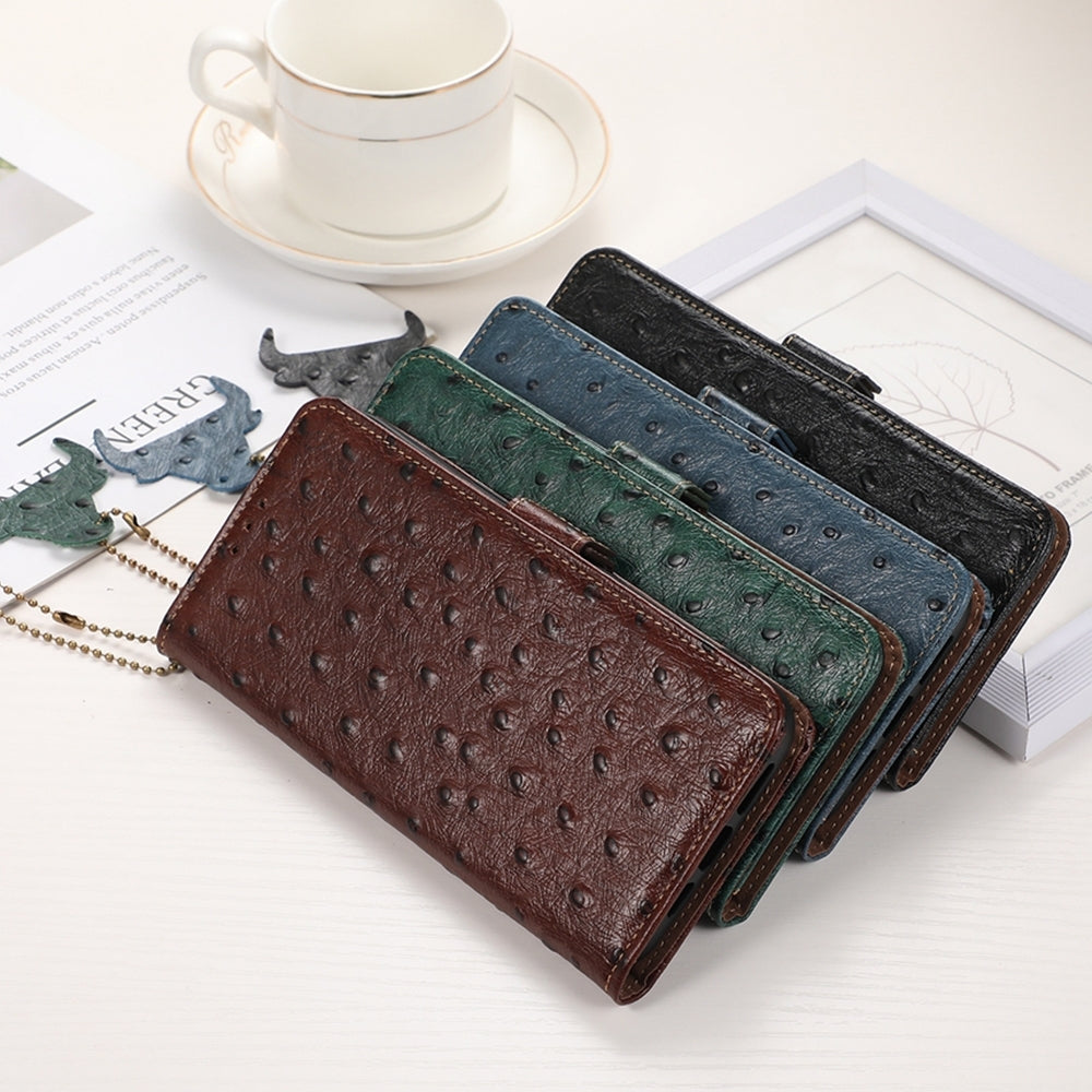 For iPhone 16e Ostrich Pattern Genuine Leather RFID Phone Case(Coffee)