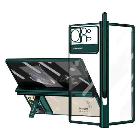 For Xiaomi Mix Fold 2 Electroplated Hinge Transparent Phone Case with Pen Slot(Dark Green)