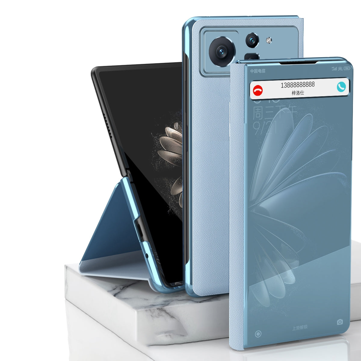 For Xiaomi Mix Fold 2 Electroplated Mirror Leather Phone Case with Holder(Blue)