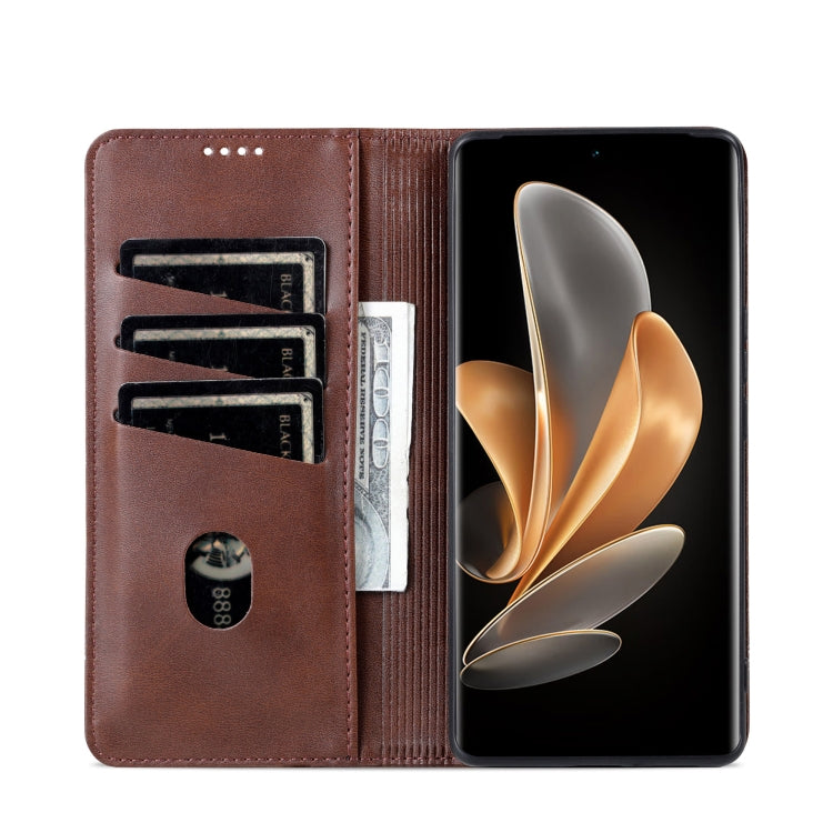 For Honor Magic6 Pro AZNS Magnetic Calf Texture Flip Leather Phone Case(Dark Brown)