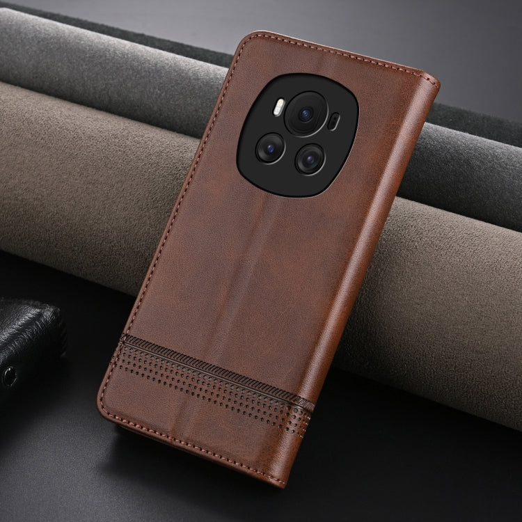 For Honor Magic6 AZNS Magnetic Calf Texture Flip Leather Phone Case(Dark Brown)