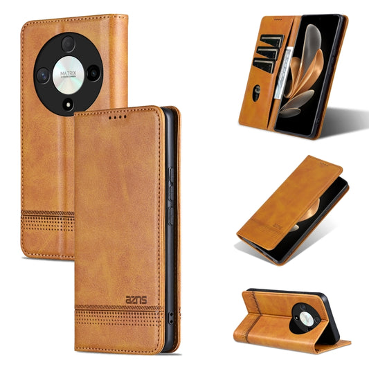 For Honor Magic6 Lite 5G/X9b AZNS Magnetic Calf Texture Flip Leather Phone Case(Light Brown)