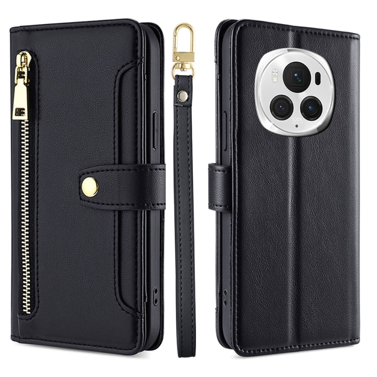 For Honor Magic6 Pro 5G Sheep Texture Cross-body Zipper Wallet Leather Phone Case(Black)