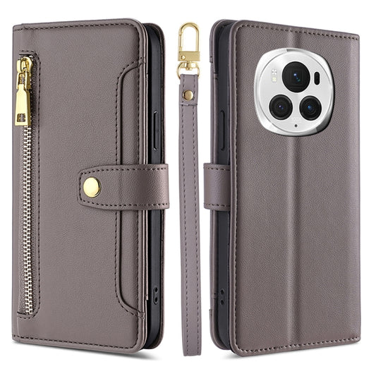 For Honor Magic6 Pro 5G Sheep Texture Cross-body Zipper Wallet Leather Phone Case(Grey)