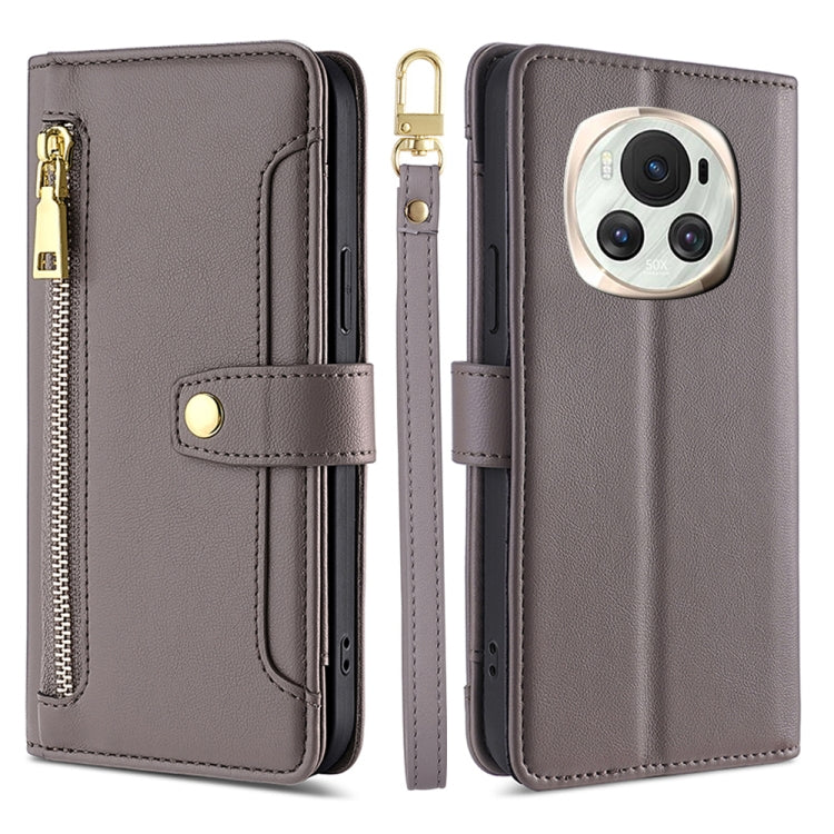 For Honor Magic6 5G Sheep Texture Cross-body Zipper Wallet Leather Phone Case(Grey)