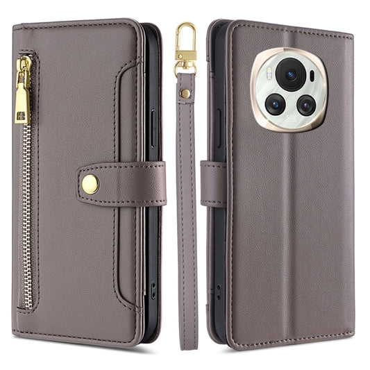 For Honor Magic6 5G Sheep Texture Cross-body Zipper Wallet Leather Phone Case(Grey)