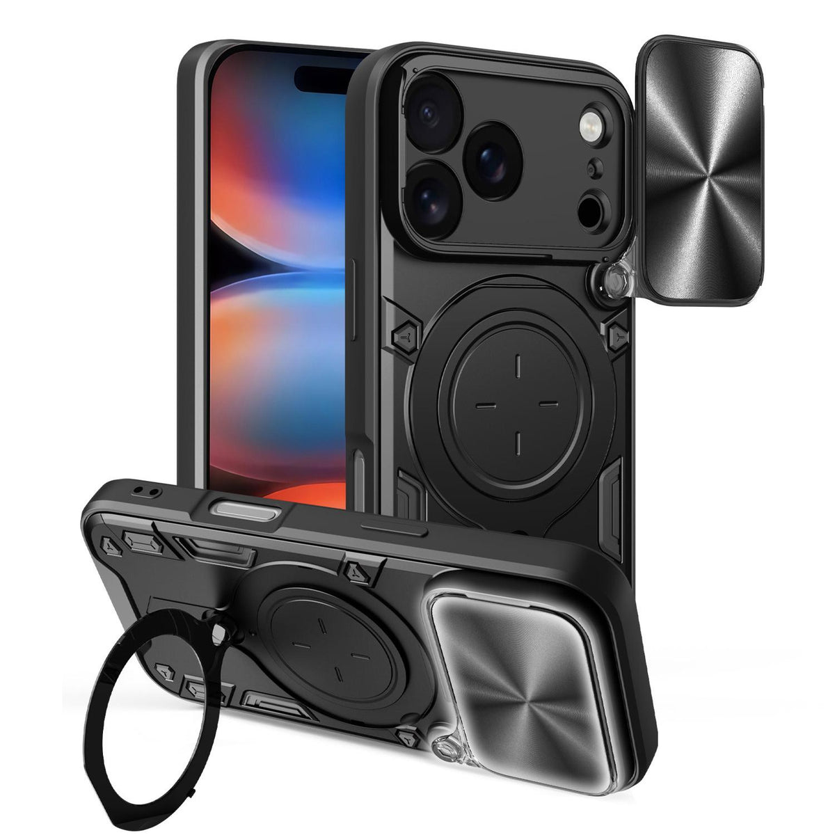Compatible with iPhone 18 Pro CD Texture Sliding Camshield Magnetic Holder Phone Case - Black