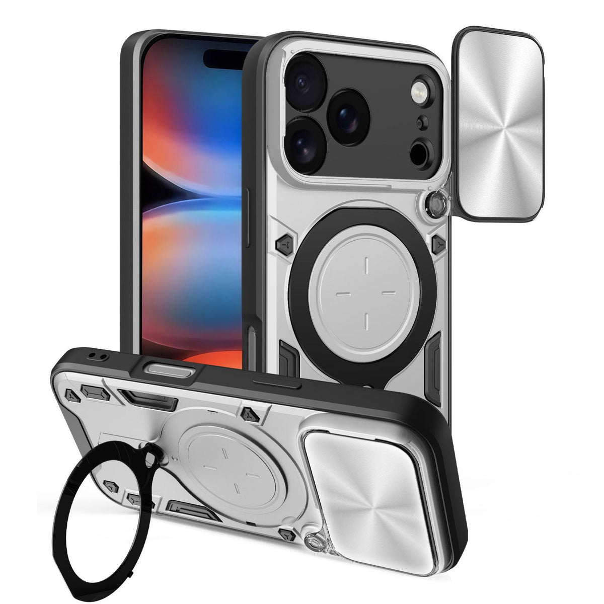 Compatible with iPhone 18 Pro CD Texture Sliding Camshield Magnetic Holder Phone Case - Silver